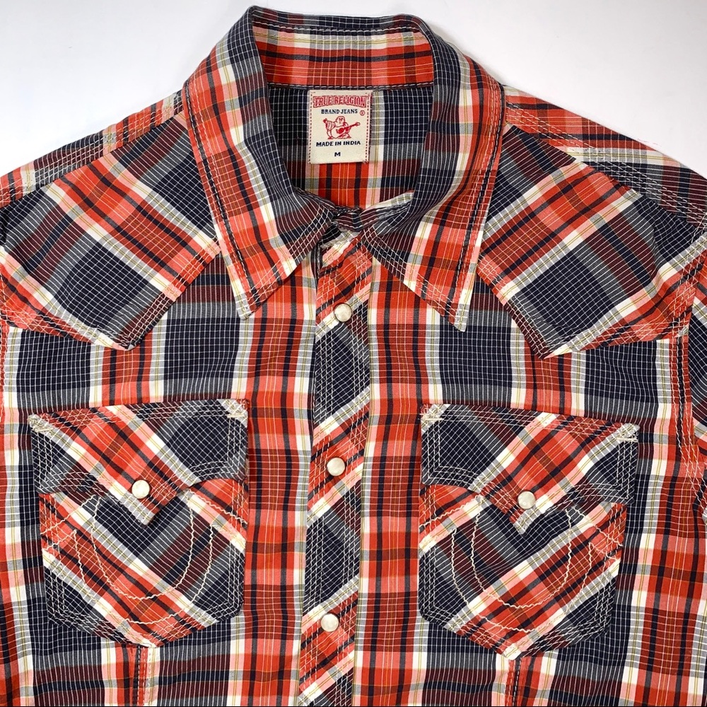 TRUE RELIGION Plaid Pearl Snap Medium Red Blue